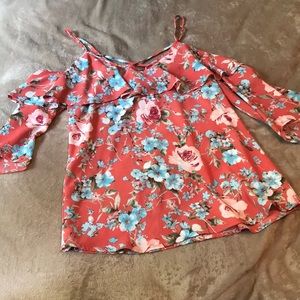 Cold Shoulder Floral Blouse w/ Ruffle